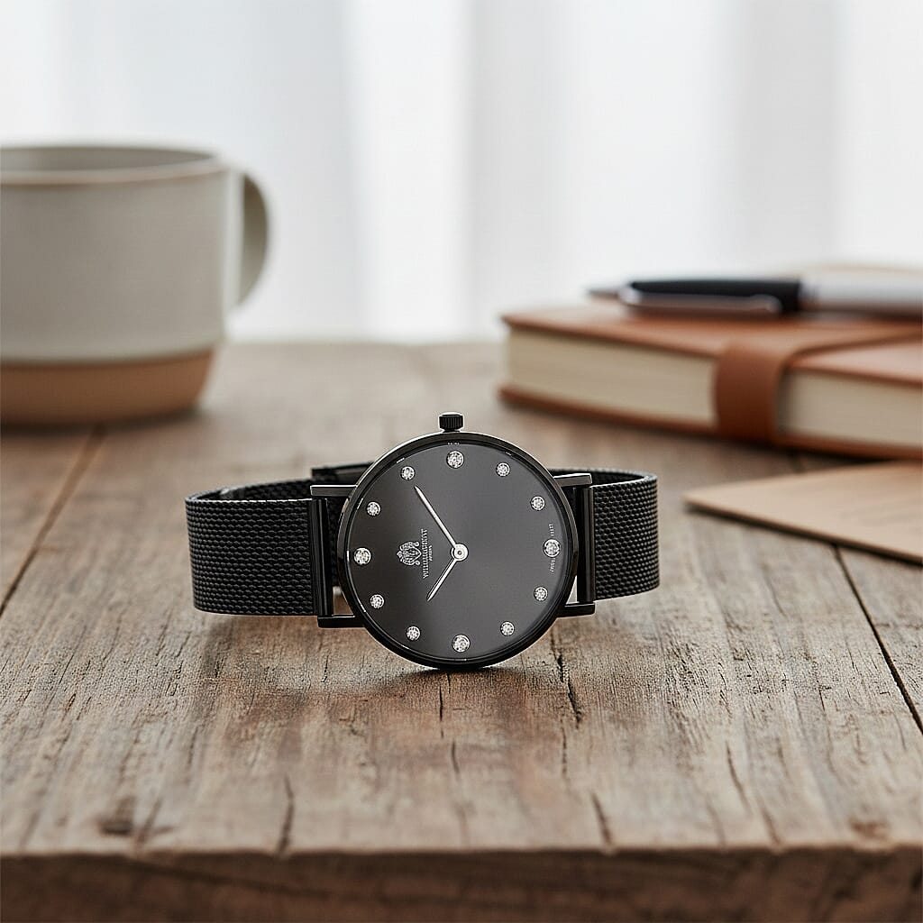 WILLIAM HUNT Limited Edition 5ATM Water Resistant Moissanite Watch - 36mm Dial With Milanese Strap - Black